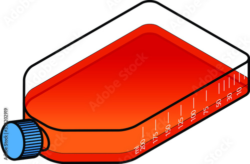 A tissue culture bottle with red culture medium.