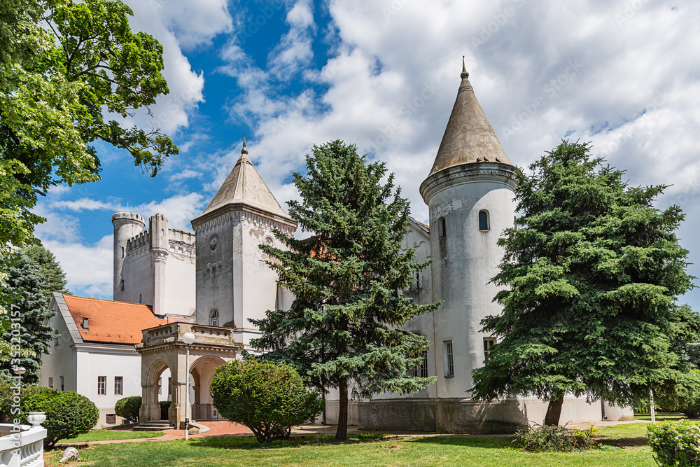 Becej, Serbia - May 25, 2020: Fantast Castle in Becej, old castle of tradiotinal Dundjerski family, Serbia. 