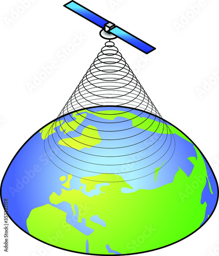 A satellite in orbit above Earth with concentric circles representing scanning / mapping / communication signal coverage.