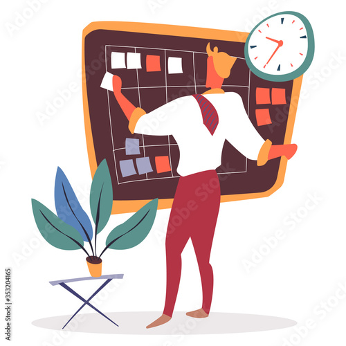 Task management vector, man placing stickers and memo on board. Optimization of workflow. Manager planning strategy and making appointments. Deadline of assignments, office with plant in pot