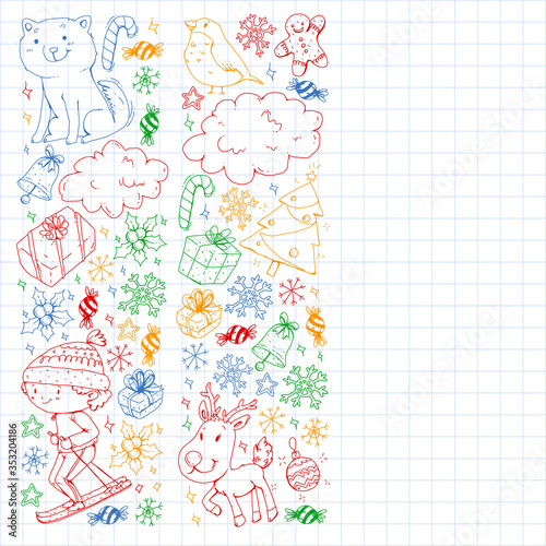 Christmas pattern with little children. Kids play and have fun during winter vacations.