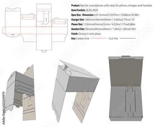 Box for smartphone with slots for phone, charger and handset packaging design template gluing die cut - vector