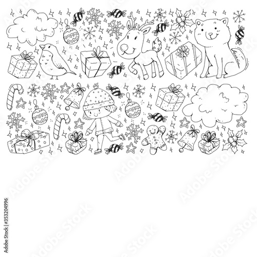 Coloring page with Christmas pattern for little children. Kids play and have fun during winter vacations.