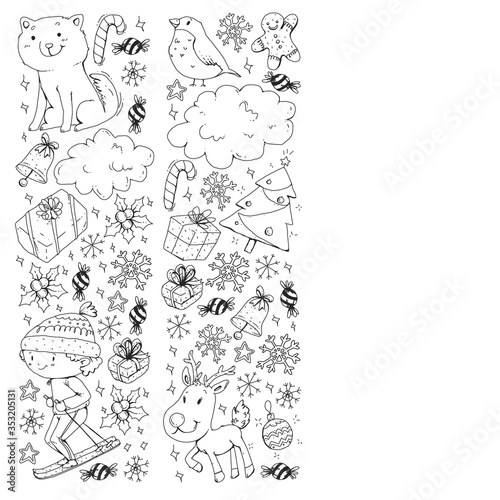 Coloring page with Christmas pattern for little children. Kids play and have fun during winter vacations.
