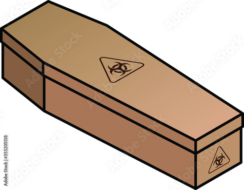 A plain cardboard coffin printed with biohazard / infectious material symbols.
