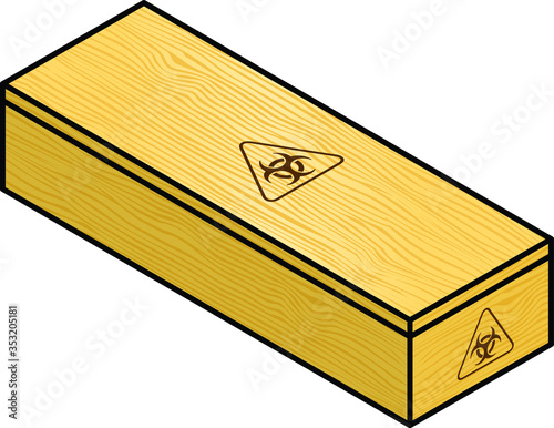 A plain pine coffin printed with biohazard / infectious material symbols.