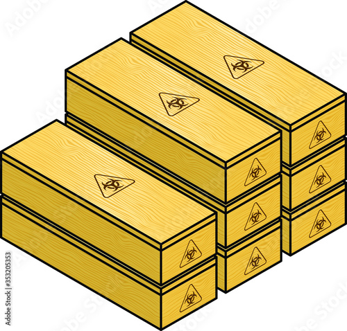 Mass grave / burial concept: Plain pine coffins printed with biohazard / infectious material symbols.