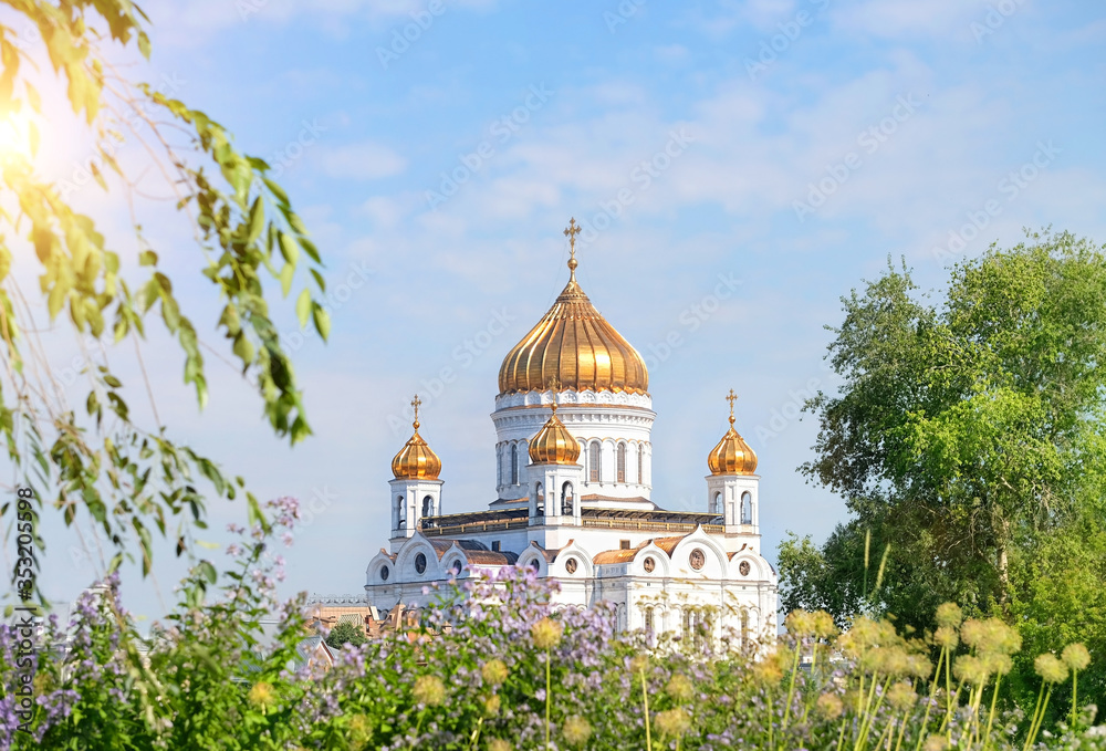 Cathedral of Christ Savior in Moscow, Russia. summer landscape with orthodox church. religion concept.
