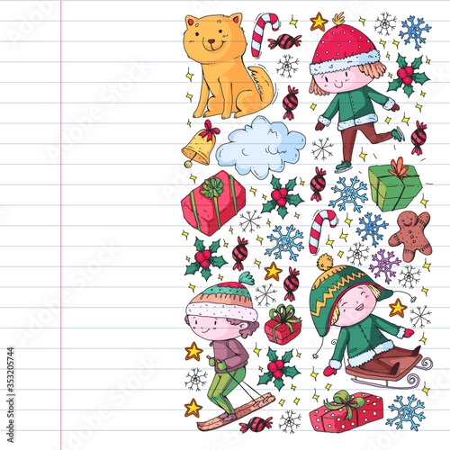 Christmas pattern for little children. Kids play and have fun during winter vacations.