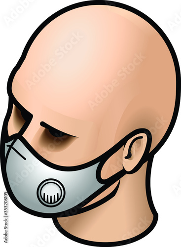 Head with gray N95/KN95 medical face mask with integrated filter.