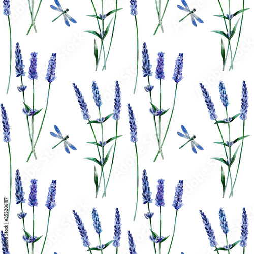 Lavender and dragonfly on a white background. Floral seamless pattern design for wallpaper, paper, textile, fabric.