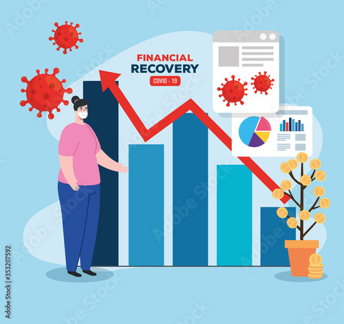 global financial recovery of market after covid 19, woman with business graphic and icons vector illustration design
