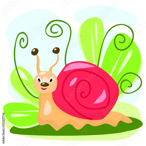 Funny cartoon snail crawling on the green grass. Naive flat children's illustration