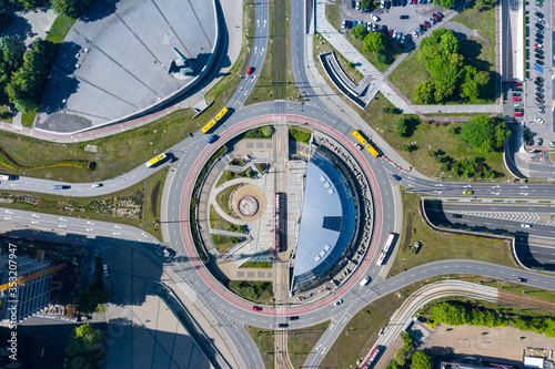 Obraz na płótnie Katowice top aerial view of roundabout of General Jerzy Zietek, Katowice, Poland. w salonie