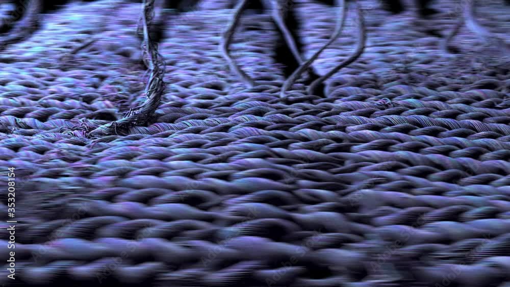 Close Up Of Textile Material Knitting. Realistic Process Of Fabric Making.