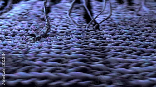 Close Up Of Textile Material Knitting. Realistic Process Of Fabric Making.