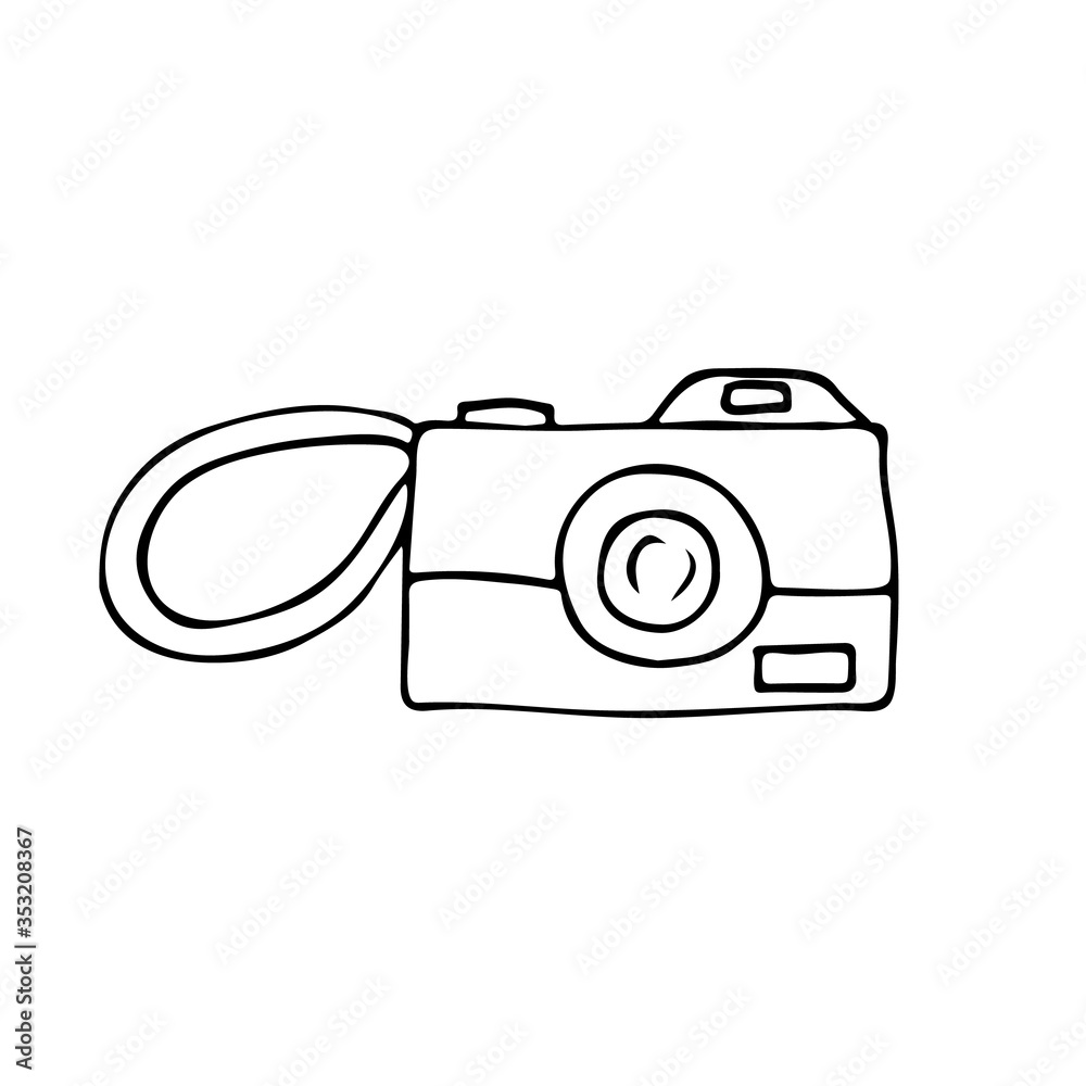 Hand drawn photo camera illustration in vector on white background. Doodle photo camera vector illustration Hand drawn photo camera illustration in vector on white background. Doodle photo camera vector illustration