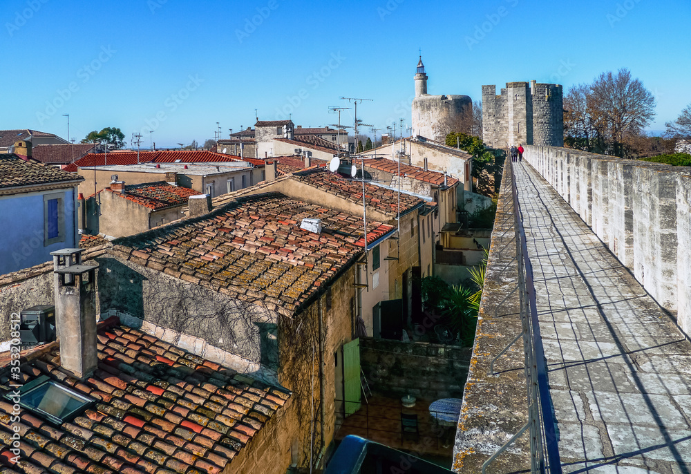 Aigues-Mortes, Gard / France - December 2010: View of the old city from the top of the medieval wall