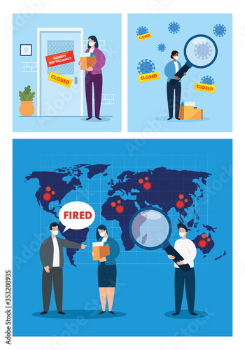 coronavirus, unemployment, jobless from covid 19, company closed and business shut down, scenes people unemployment using face mask vector illustration design