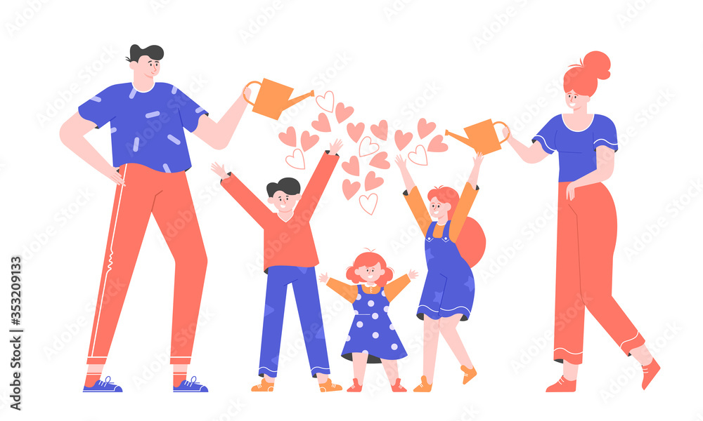 Mom and Dad with watering cans. Parents invest resources and love in children. Happy family with three children. Vector flat illustration.