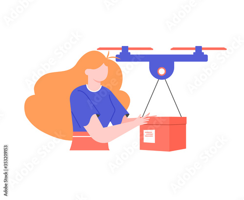 Delivery of a package by a drone. The quadcopter holds the box. Girl customer. New technologies in the transportation of goods. Vector flat illustration.