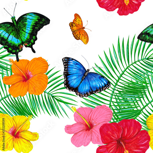 Tropical butterflies  palm leaves and hibiscus flowers on a white background. Jungle seamless pattern design for wallpaper  paper  textile  fabric.