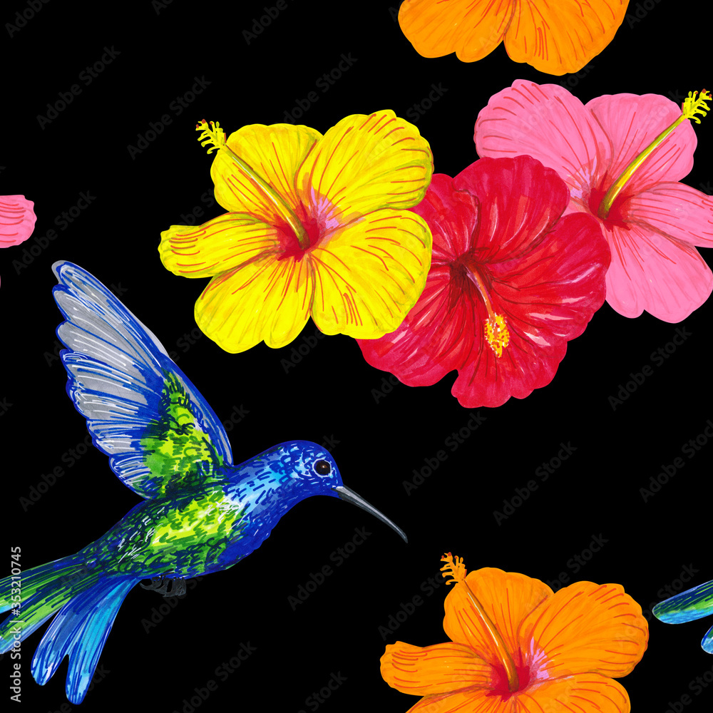 Colibri bird and hibiscus flowers on a black background. Summer tropical seamless pattern design for wallpaper, paper, textile, fabric. Colibri bird and hibiscus flowers on a black background. Summer tropical seamless pattern design for wallpaper, paper, textile, fabric.