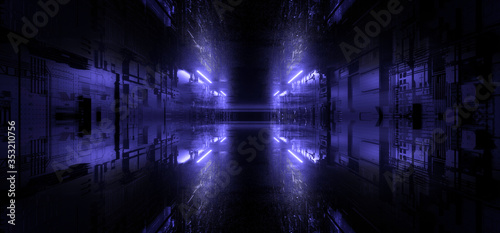 Sci Fi Future Neon Laser Blue Purple Violet  Futuristic Synth Cyber Technology Metal Schematic Texture Metal Reflections Realistic Dark Night Warehouse 3D Rendering