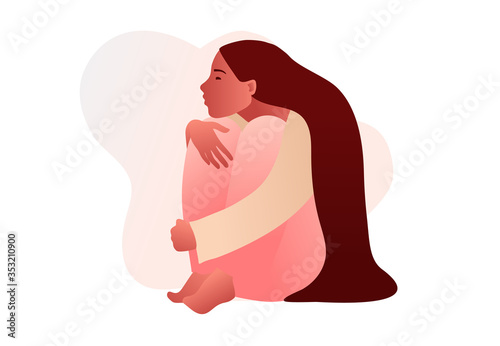 Sad lonely depressed girl sitting on the floor. Young unhappy woman hugging her knees. Cartoon character. Depressed teenager. Vector illustration in flat style