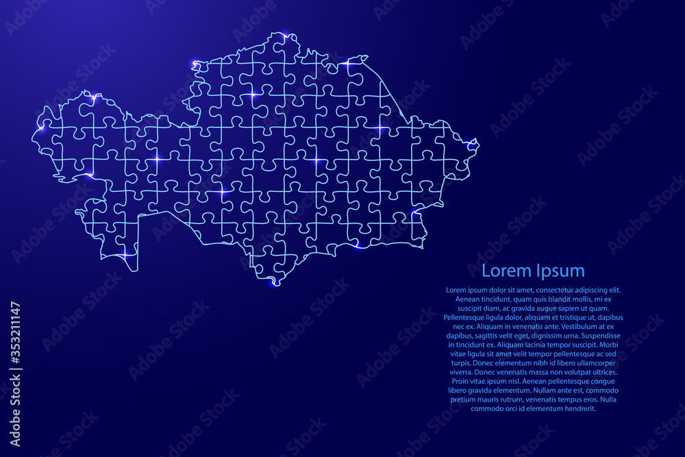 Kazakhstan map from blue pattern composed puzzles and glowing space stars. Vector illustration.