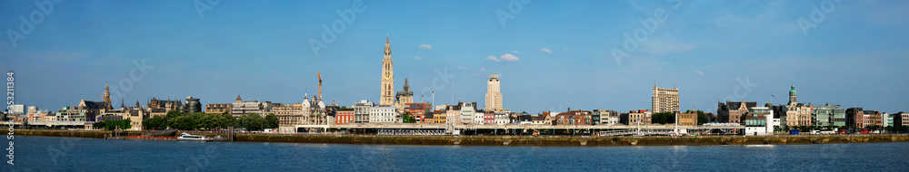 Panorama of Antwerp over the River Scheldt with Cathedral of Our Lady Onze-Lieve-Vrouwekathedraal Antwerpen, Belgium.