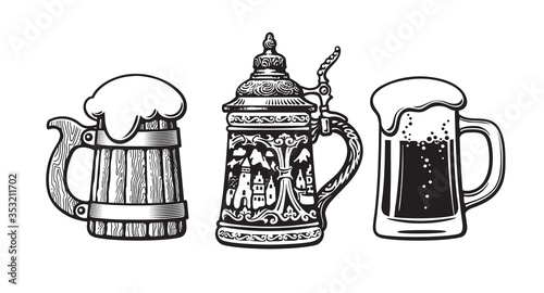 Vintage set of beer mugs. Old wooden mug. Traditional German stein. Glass mug with foam. Vector illustration.