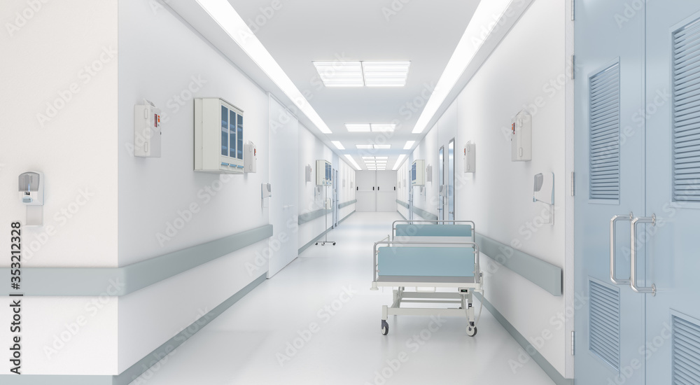 Long corridor with medical bed in modern hospital. 3D illustration Long corridor with medical bed in modern hospital. 3D illustration