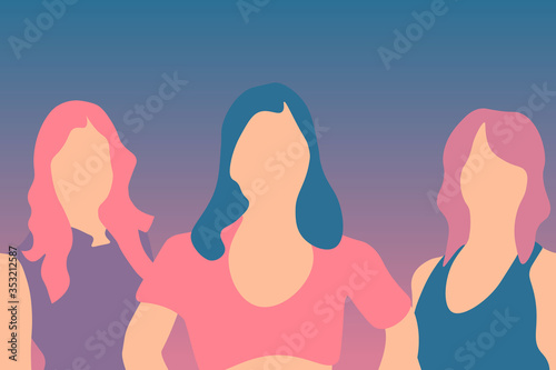 Three women horizontally seamless pattern. Concept of confidence, women's day, girl power.