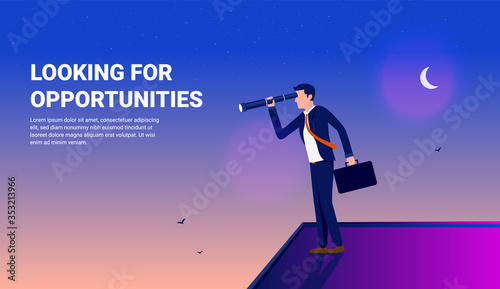 Looking for opportunities - Businessman standing on top of building with binoculars looking for opportunities. Moon and birds in background. Recruitment, business growth and career aspiration concept.
