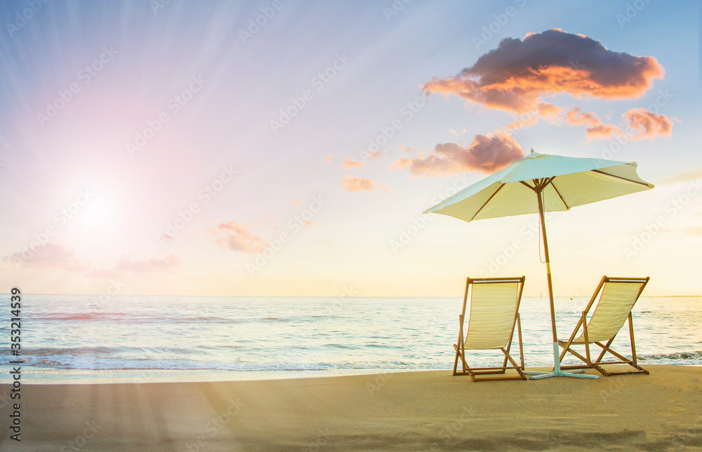 Background with couple of deck chairs at sunset, Travel concept, Summer background