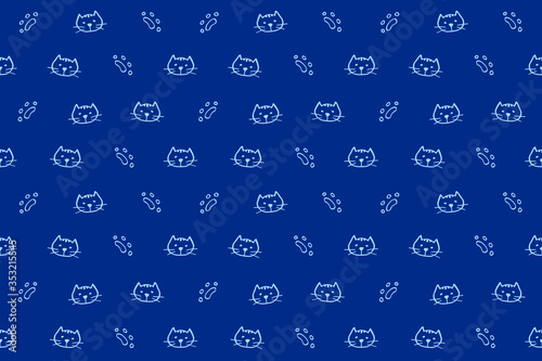 Cat pattern of blue color. Repeating background with hand drawn elements: cats and cat paws. Texture illustration.