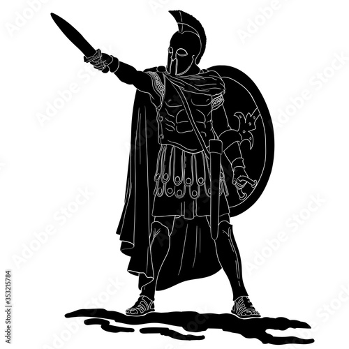 Ancient Greek warrior with a sword and shield in his hands is ready to attack. Vector illustration isolated on white background.