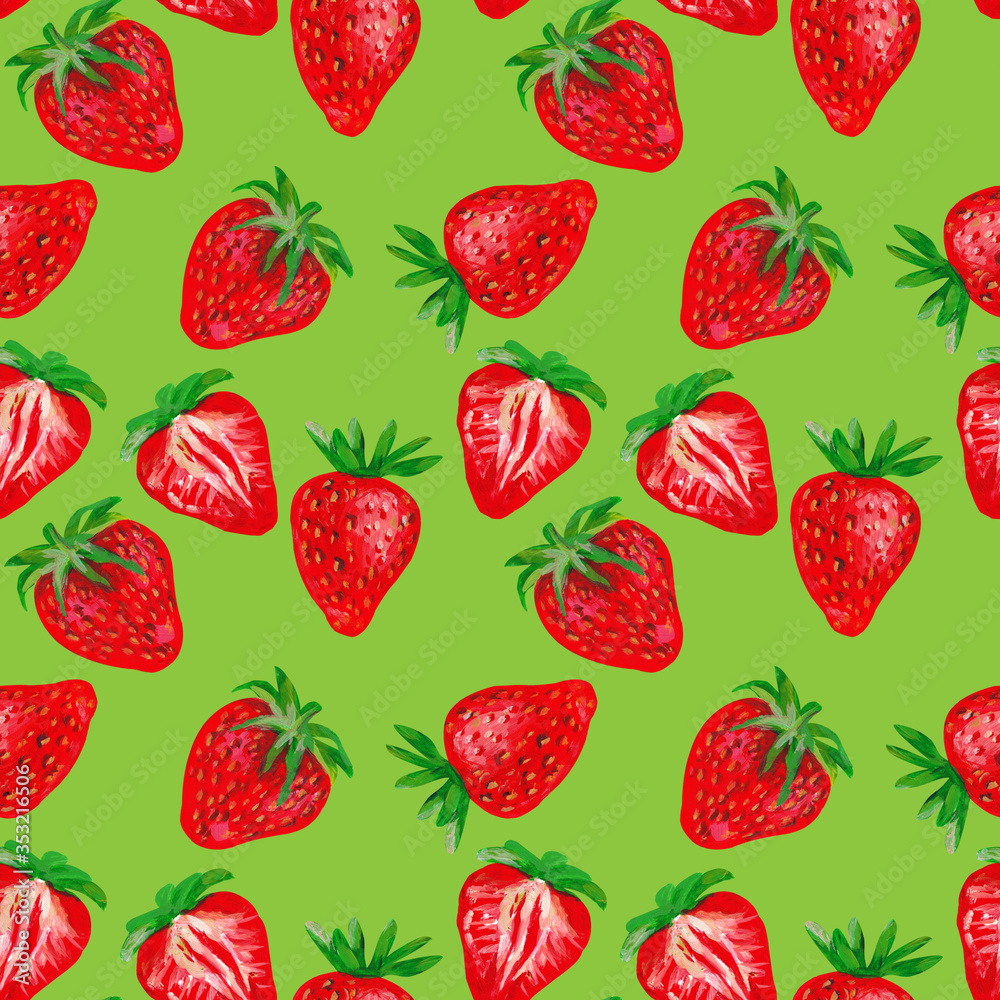 Fresh strawberry on a green background. Fruit seamless pattern. Fresh strawberry on a green background. Fruit seamless pattern.
