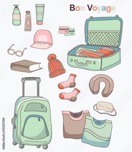Set of vector pictures of luggage, clothes and things for travel and vacation. Bon voyage. Necessary, collect on the road