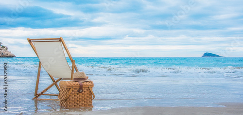 Beach Chair at Sunset, Summer background, Travel concept