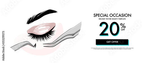 Lash making, Eyelash cosmetic procedure promotion banner. Fake eye lashes on  beauty  treatment, applying false lash, brow lamination  procedure. Fashion , female small business illustration in vector