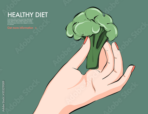 Helthy food nutrition art, broccoli in hand keto diet drawing. Fresh vegetable food dietolog recommendation, nutritionist  organic food. Vector illustration