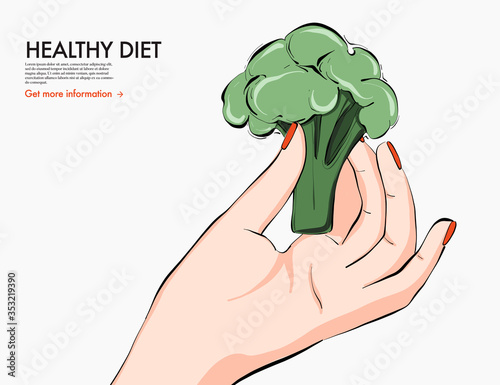Helthy food nutrition art, broccoli in hand keto diet drawing. Fresh vegetable food dietolog recommendation, nutritionist  organic food. Vector illustration