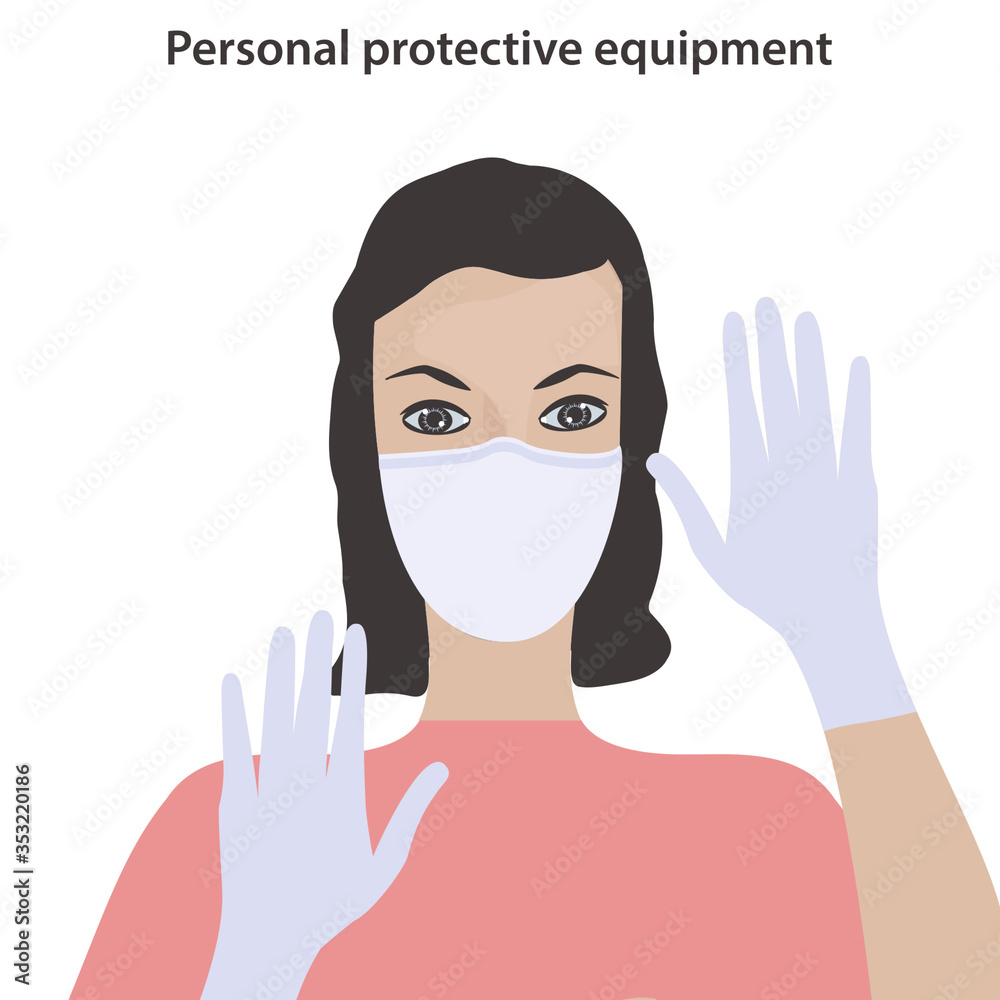 Woman in medical mask and gloves - vector. PPE, Personal protective equipment. Face Shields.