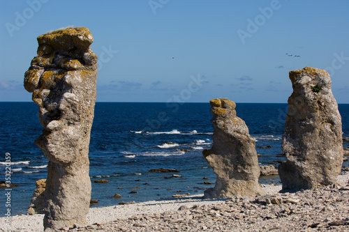 Eroding Limestone stacks with ocean background, Sweden
