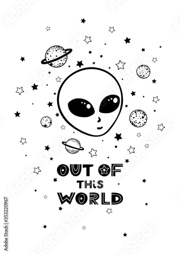 Black and white postcard with stars and alien face
