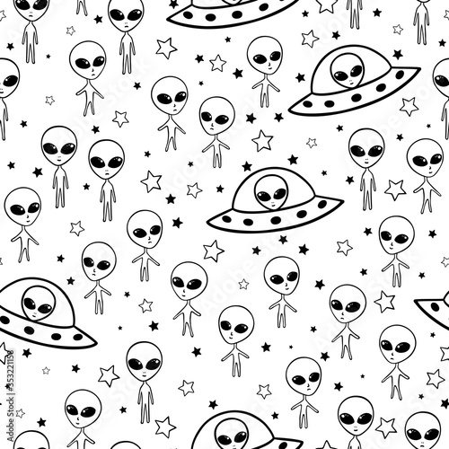 Black and white seamless pattern with aliens