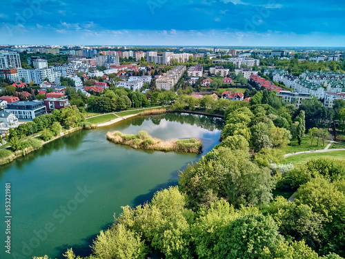 A beautiful panoramic view of the sunset in a fabulous evening on Szczesliwice Park - a former village  currently a housing estate in the Ochota district in Warsaw  Poland