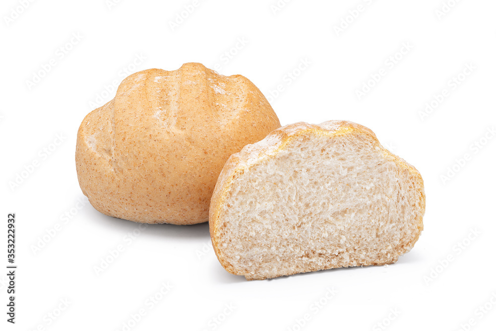 Whole grain hamburger bread isolated on white background cut in half Whole grain hamburger bread isolated on white background cut in half